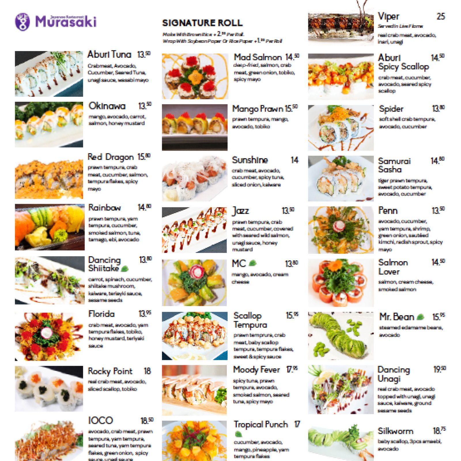 Murasaki Japanese reestaurant's dine in menu was redesigned to effectively showcase the business' big and diverse menu choices.