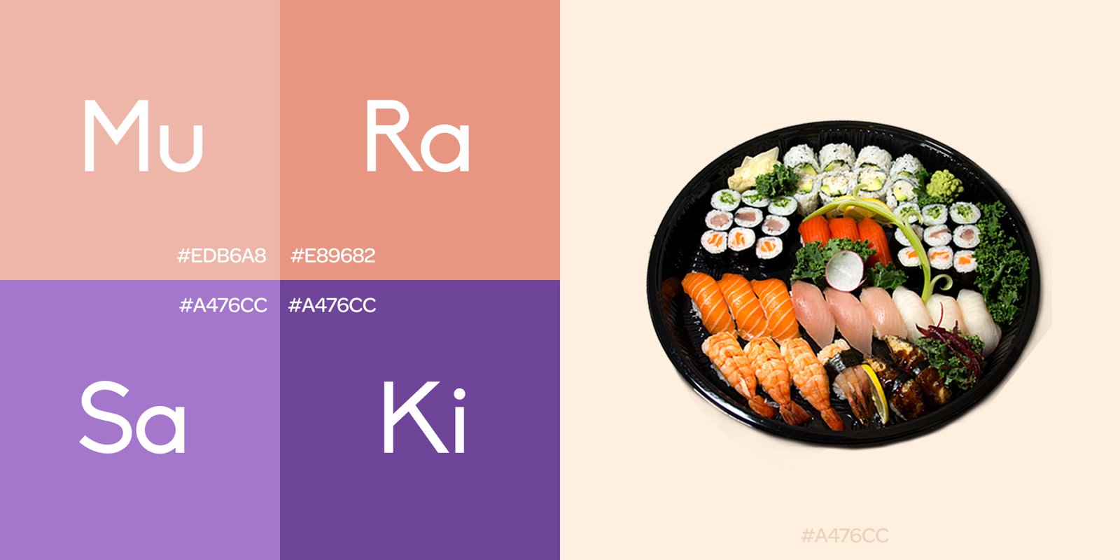 Colors and typography for Murasaki Japanese Restaurant's branding represent the friendly and warm attitude and the modern adaptation of the business operating over a decade.