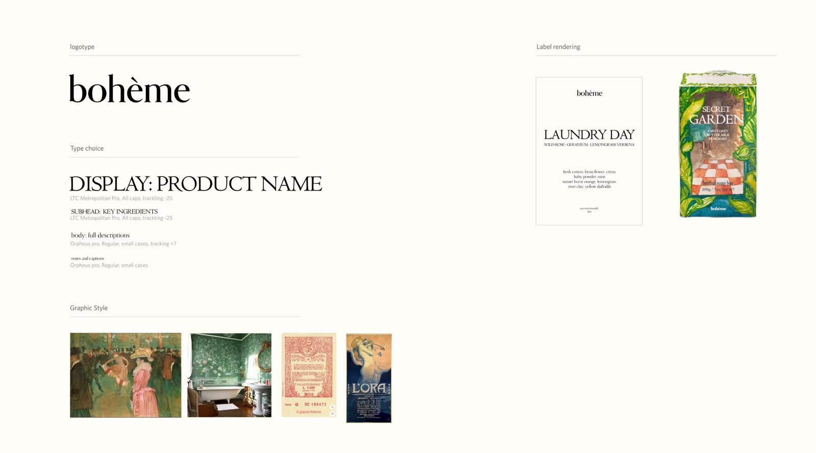 branding elements for a mock brand, boheme including logotype, typography and graphic styles.