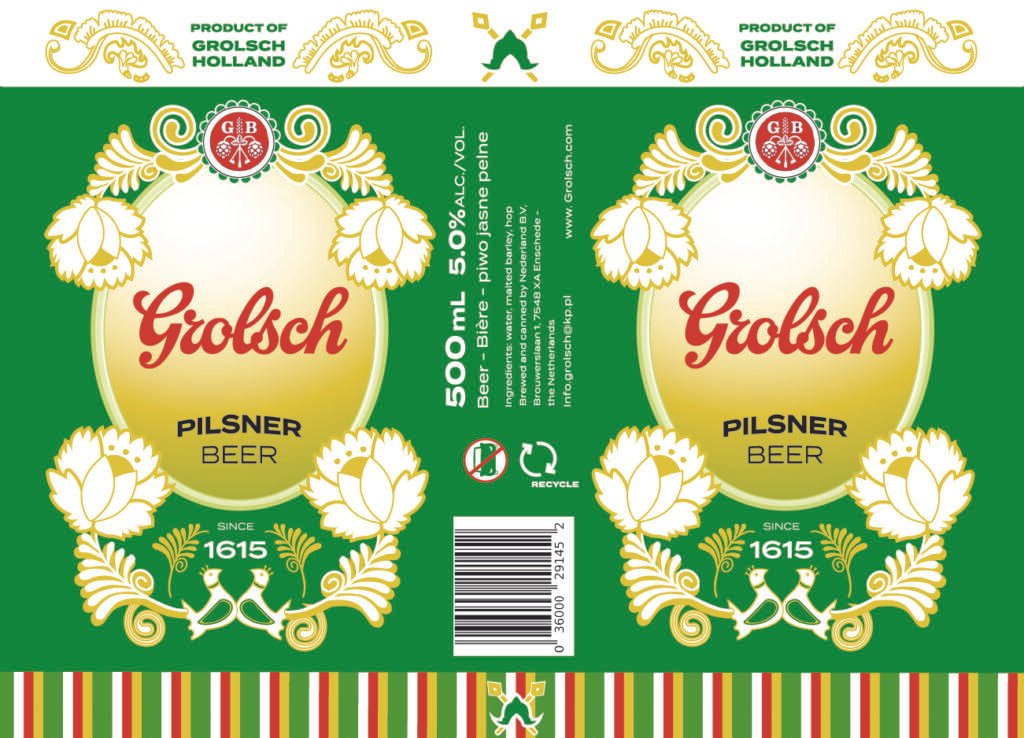 Flat label of the redesigned Grolsch pilsner beer can