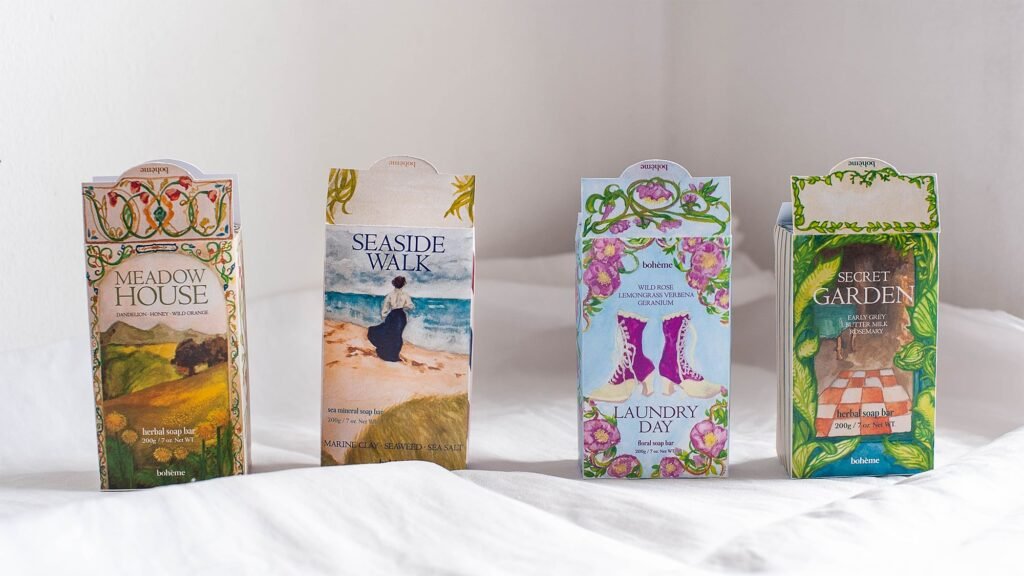 four soap box packaging design for a mock brand, boheme to showcase branding design idea with artwork by studio hyejunahn.