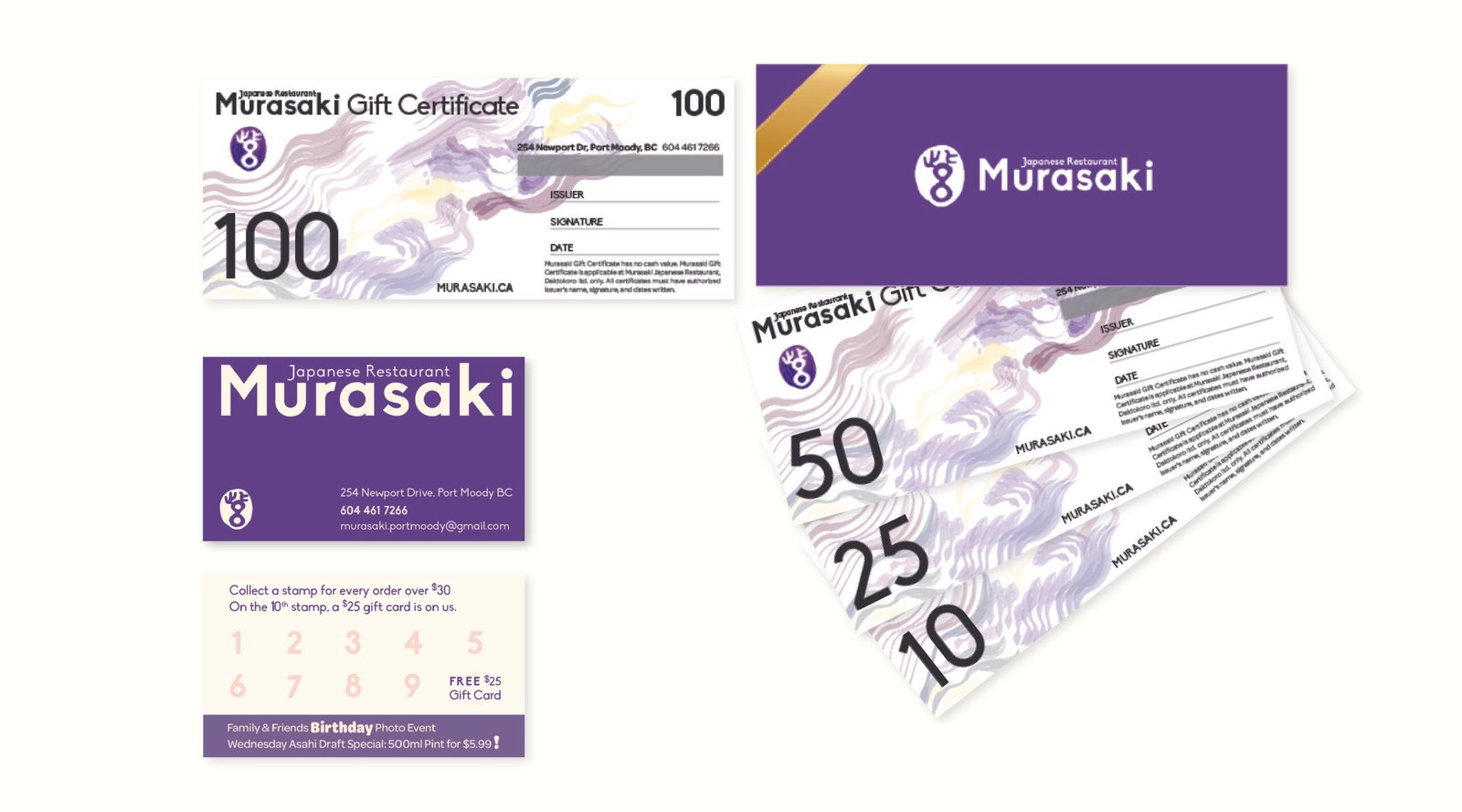 graphically designed gift card and business card with loyalty stamp function with branding aesthetics of Murasaki Japanese restaurant.